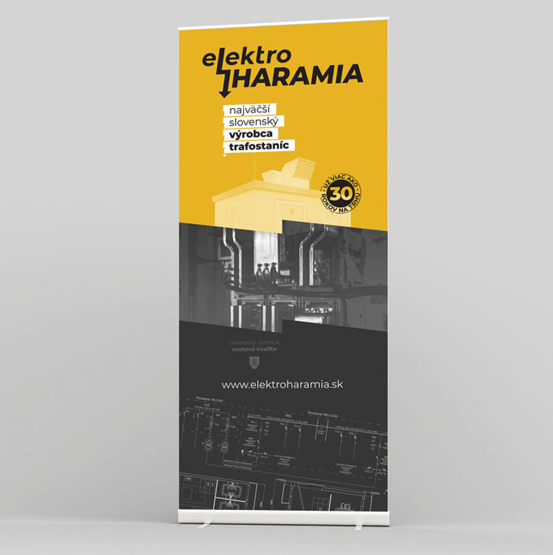 Reklamný roll-up v jednotnej vizuálnej identite spoločnosti Elektro Haramia