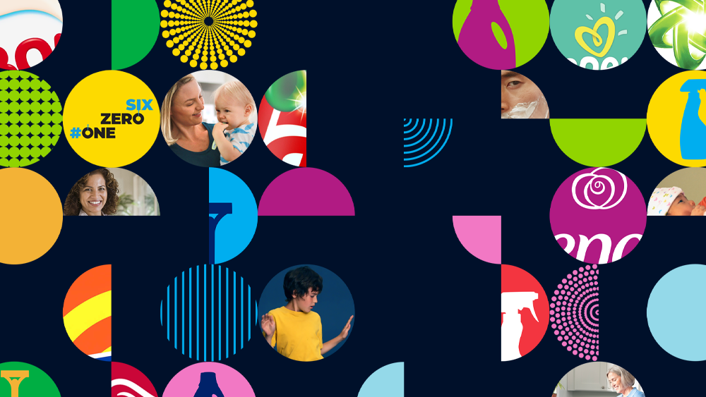 Eventový vizuál Procter & Gamble One Zero Six  s farebnými grafickými motívmi a fotografiami ľudí