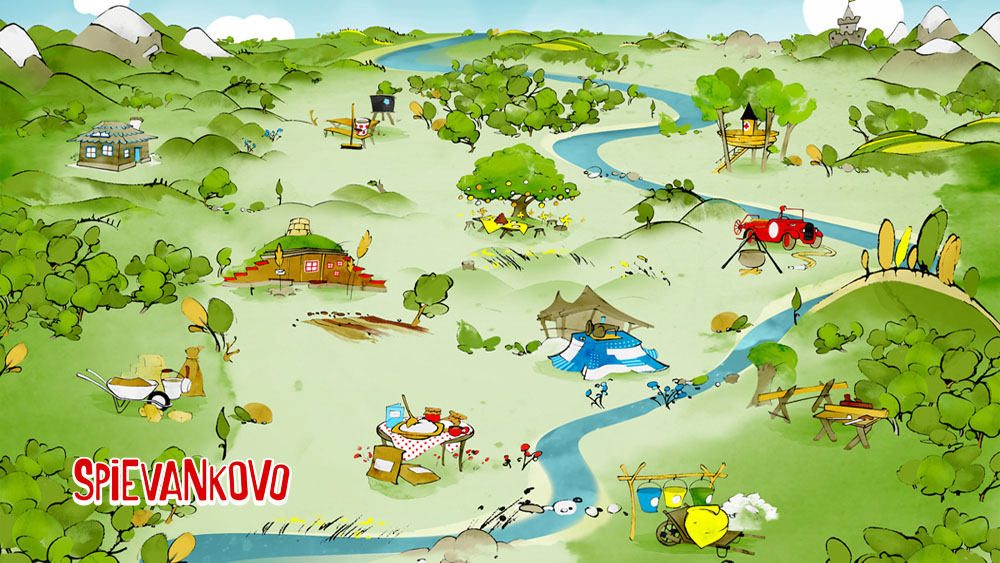 Ilustrovaná mapa rozprávkového sveta Spievankovo vytvorená pre detský multimediálny projekt