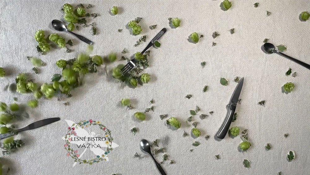 Kreatívny gastronomický vizuál s chmeľom a príborom vytvorený pre Lesné bistro Vážka