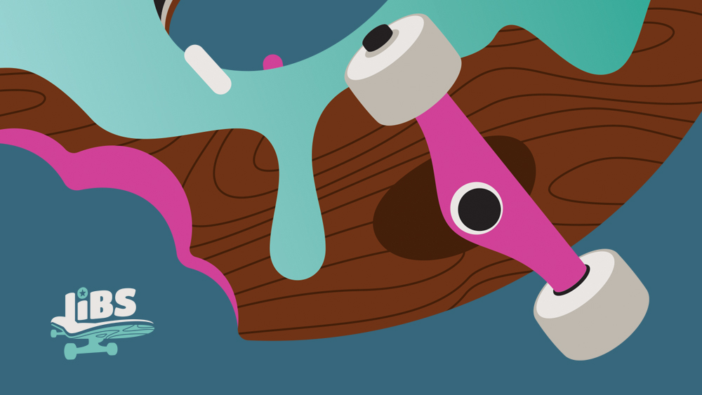 Farebná reklamná ilustrácia skateboardu vytvorená pre komunitný skatepark liBS Little Burnside